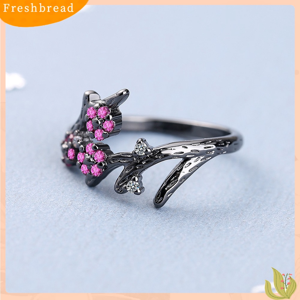 &lt; Freshbread &gt; Cincin Adjustable Open End Copper Blooming Plum Flower Rhinestone Ring Untuk Pakaian Sehari-Hari