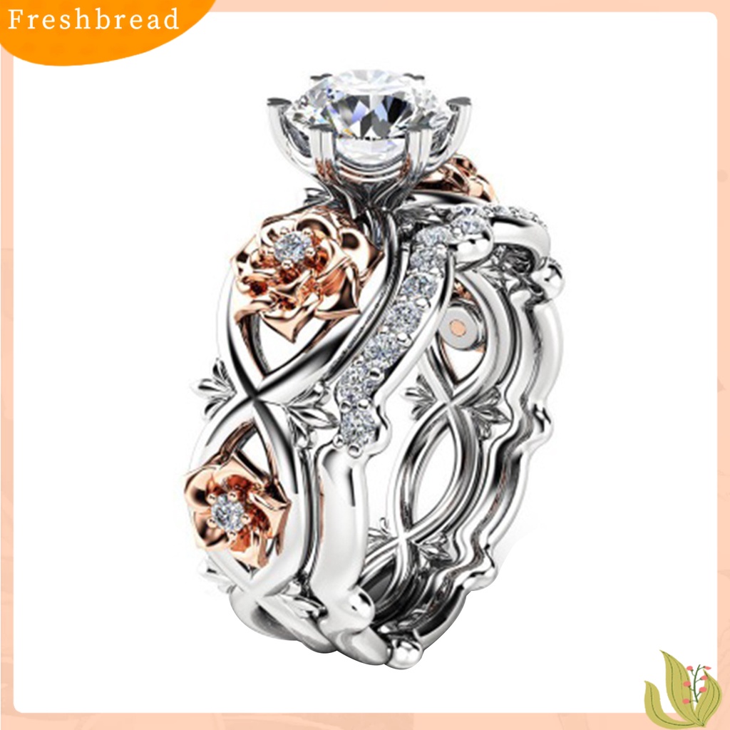 &lt; Freshbread &gt; 2Pcs Cincin Wanita Desain Bunga Dapat Disesuaikan Berlapis Emas Geometris Berkilau Dua Warna Cubic Zirconia Hias Pernikahan Pertunangan Rings Perhiasan Hadiah Untuk Pacar