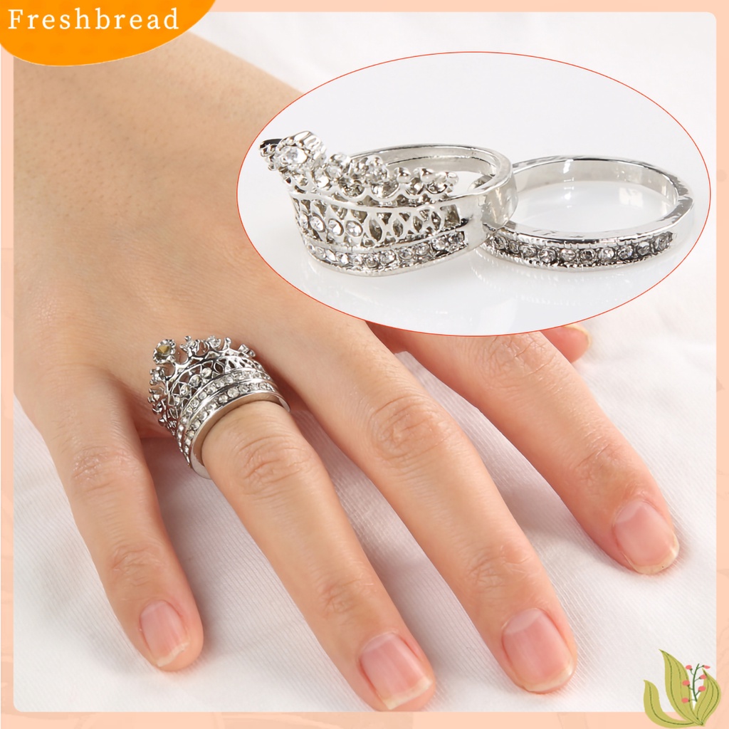 &lt; Freshbread &gt; 2Pcs Cincin Wanita Motif Mahkota Berlian Imitasi Hias Alloy Pernikahan Band Bridal Set Untuk Pertunangan