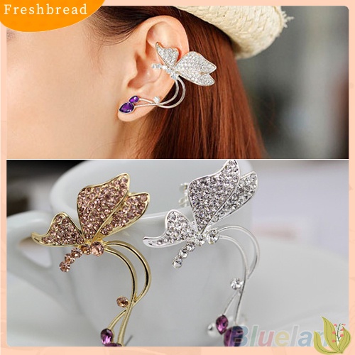 &lt; Freshbread &gt; 1Pc Stud Anting Kupu-Kupu Klip Telinga Kristal Wanita Elegan Untuk Telinga Kiri