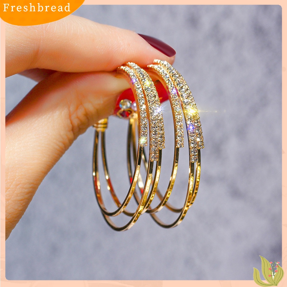 &lt; Freshbread &gt; Wanita Indah Berlian Imitasi Anting Hoop Perhiasan Tindik Lingkaran Lapisan Tiga