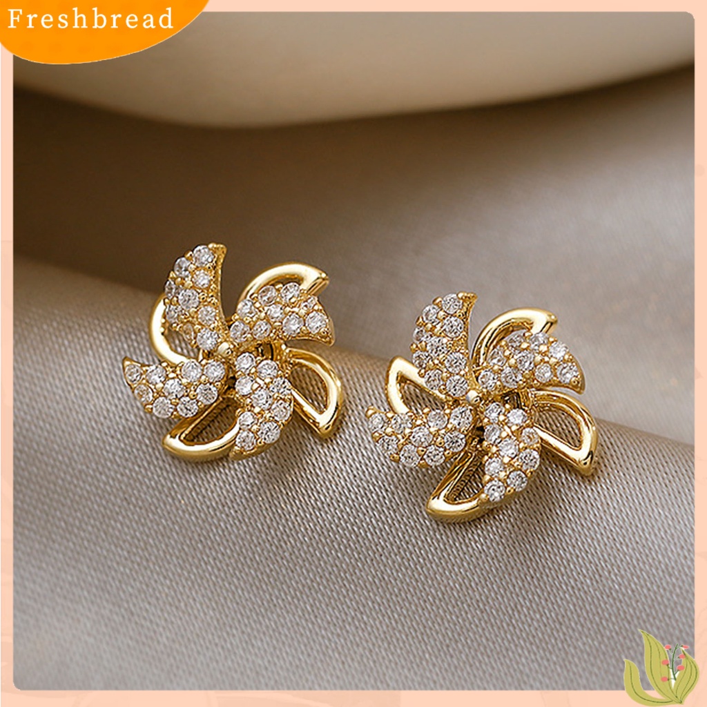 &lt; Freshbread &gt; Ear Studs Rotating Windmill Shape Rhinestone Gaya Korea Shiny All Match Stud Earrings Aksesoris Perhiasan