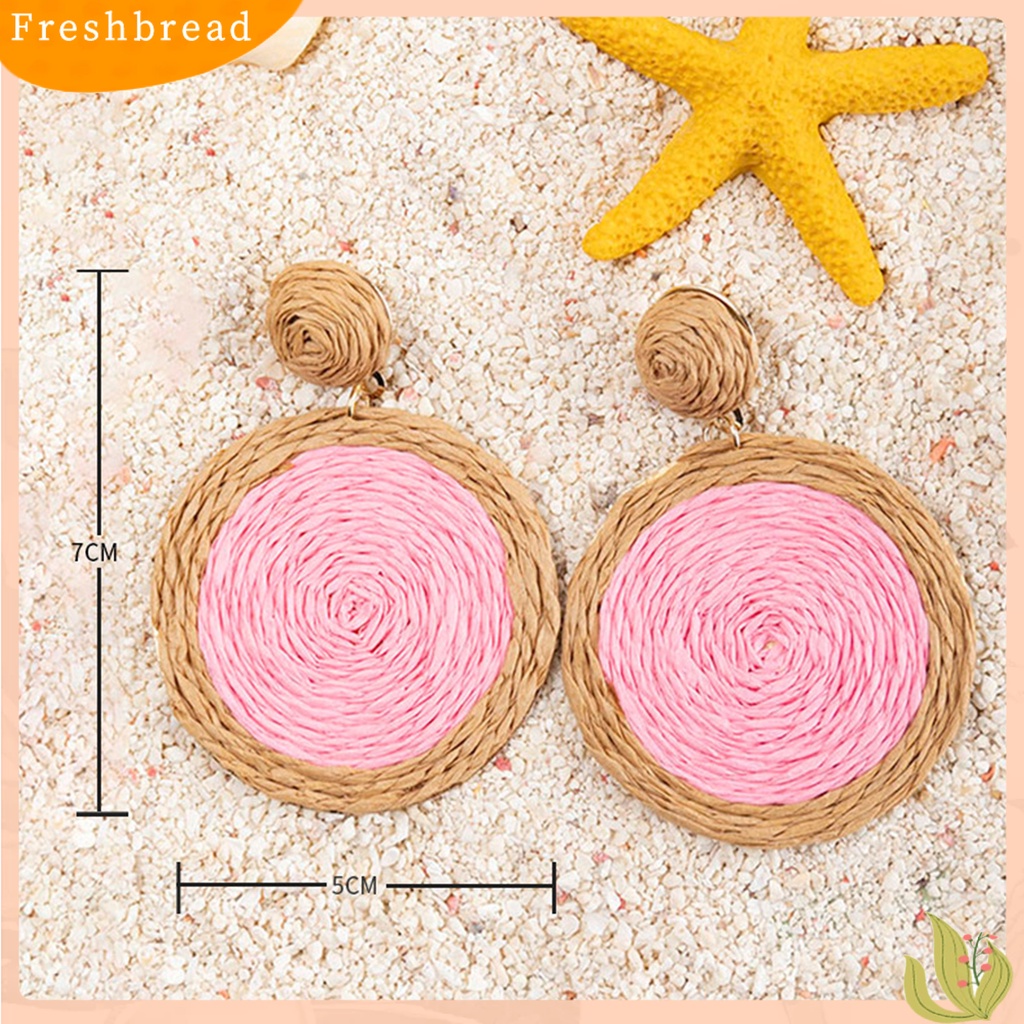 &lt; Freshbread &gt; 1pasang Anting Menjuntai Anyaman Rotan Warna Cerah Bulat Wanita Drop Earrings Aksesoris Perhiasan Untuk Liburan