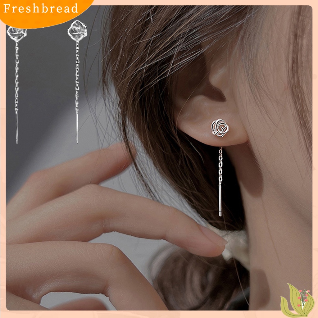 &lt; Freshbread &gt; 1pasang Wanita Drop Earrings Bersinar Berongga-out Bunga Mawar Garis Rantai Gaya Elegan Dekorasi Telinga Warna Emas/Perak Anting Liontin Panjang