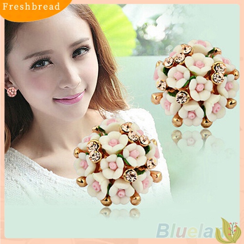 &lt; Freshbread &gt; Wanita Gadis Pengantin Pernikahan Perhiasan Bunga Mempesona Berlian Imitasi Klip Stud Earrings