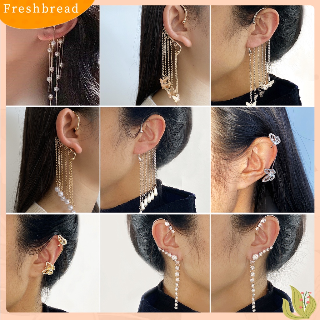 &lt; Freshbread &gt; 1pc Lady Earrings Tanpa Tindik High-end Berlian Imitasi Mengkilap Panjang Rumbai Bentuk Kupu-Kupu Menjuntai Anting-Anting Wanita Perhiasan