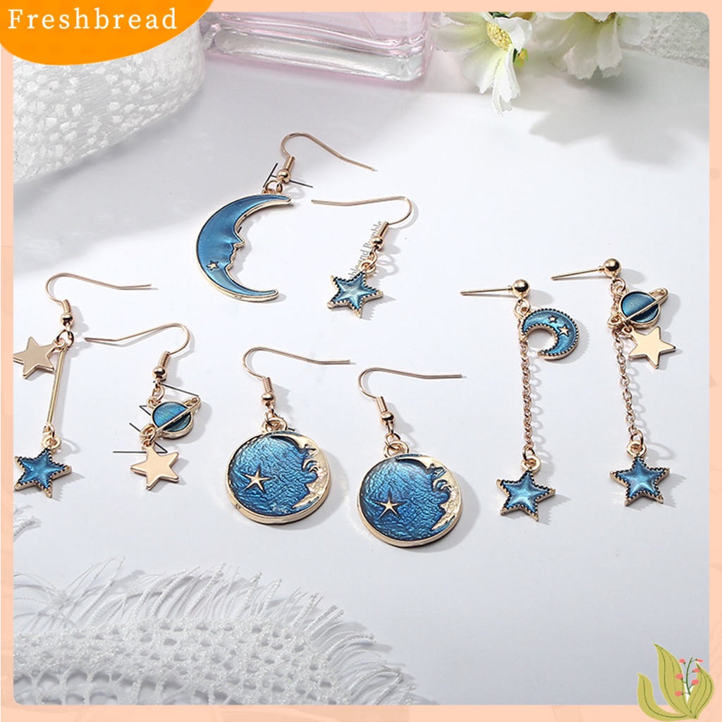 &lt; Freshbread &gt; 1pasang Wanita Drop Earrings Kartun Bulan Bintang Asimetris Perhiasan Planet Liontin Semua Pertandingan Anting Kait Untuk Pakaian Sehari-Hari