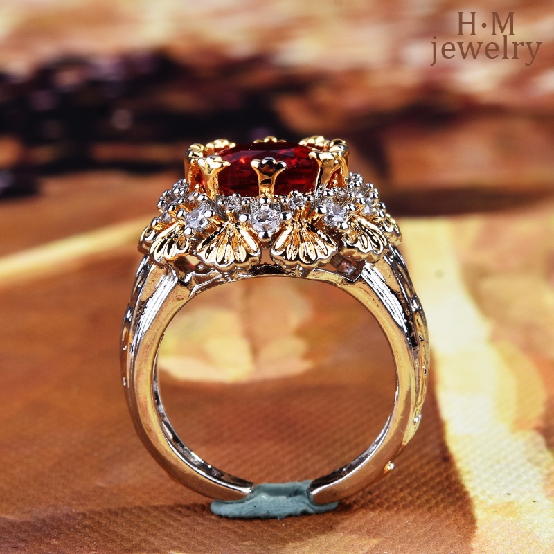 S925 Perak Vintage Brushed Bertekstur Ukir Emas Ruby Cincin Gaya Antik Two-Tone Gold Crowns Ornament