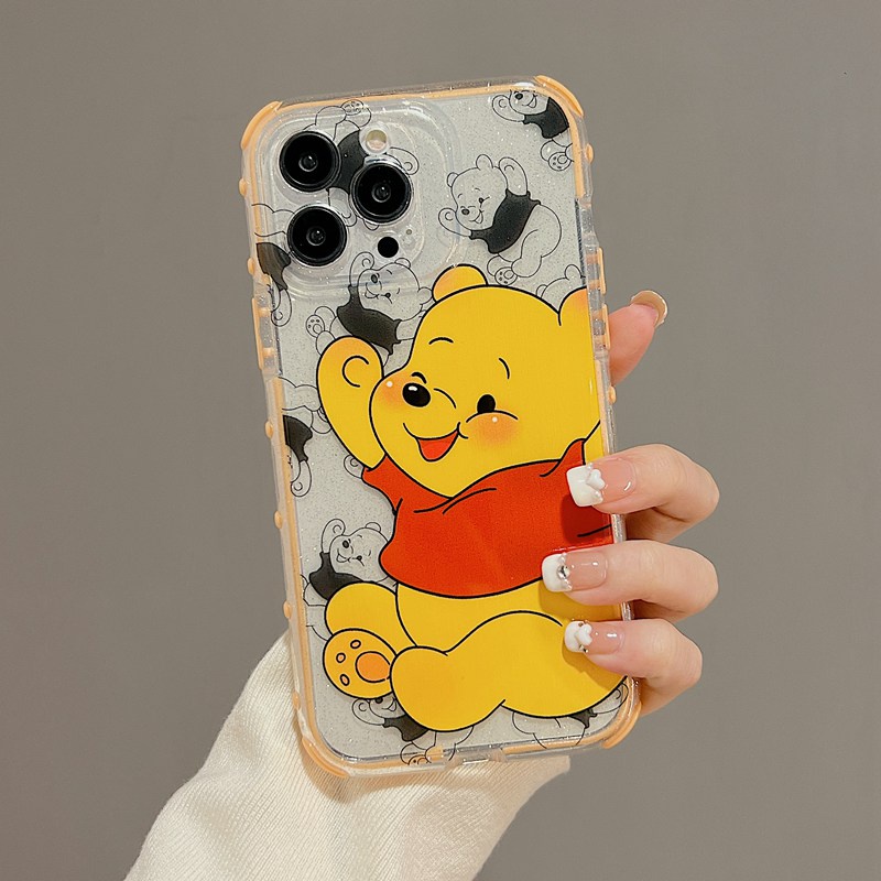 IPHONE Lovely!Mickey Winnie Bear Flash Powder Polos Soft Case HP iP Iphone12 13 14 Pro Max 11 FTD Casing Apple