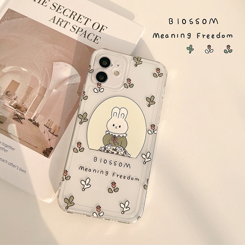 IPHONE Gadis Kartun Bunny Kelinci Dengan Bunga Mawar Lembut Transparan Casing Ponsel Cover Untuk Iphone7 8 PLUS X XR XS 11 12 13 MINI PRO MAX SE 2020