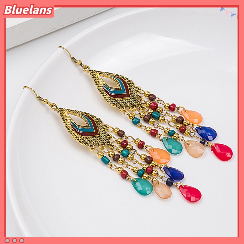 {In Stock} 1pasang Anting Drop Gaya China Hias All-match Bohemian Vintage Hollow Anting Manik-Manik Panjang Untuk Pacaran