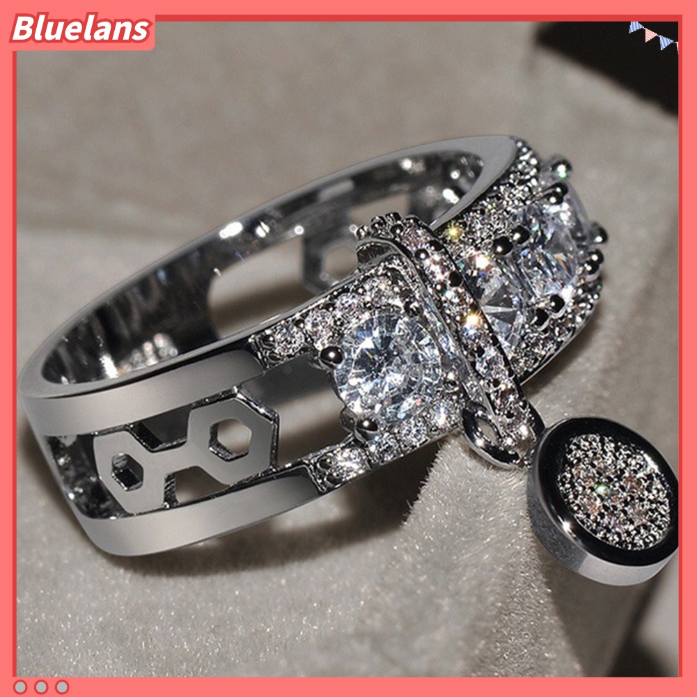 {In Stock} Mewah Wanita Cubic Zirconia Hias Bulat Pesona Cincin Hadiah Perhiasan Pesta Pernikahan