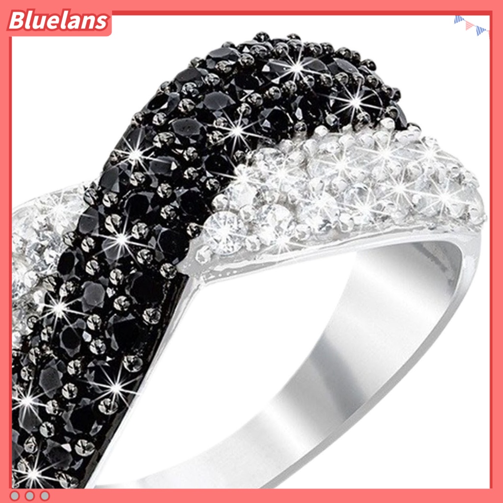 {In Stock} Wanita Cincin Jari Ganda Warna Berlian Imitasi Mengkilap Hias Bentuk Salib Disabit Lady Circlet Perhiasan Harian
