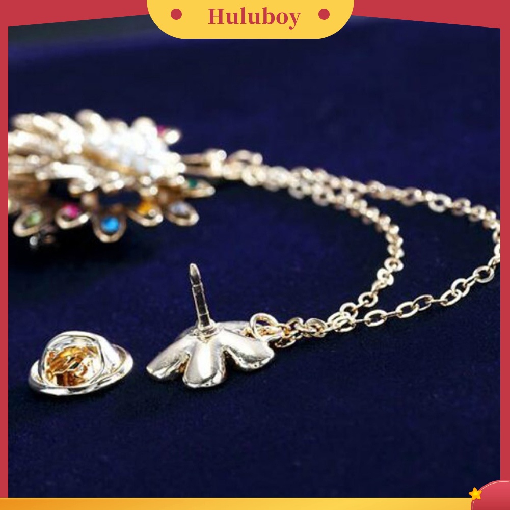{Ready Stock} Wanita Cubic Zirconia Hias Merak Bunga Rantai Ganda Rumbai Bros Pin Hadiah