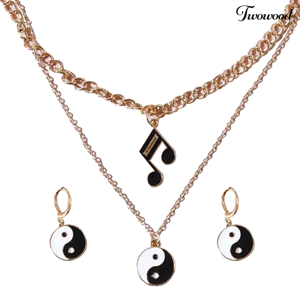 Twowood Set Kalung Elegan Pengerjaan Halus Paduan Musik Note Set Anting Lapisan Ganda Untuk Harian