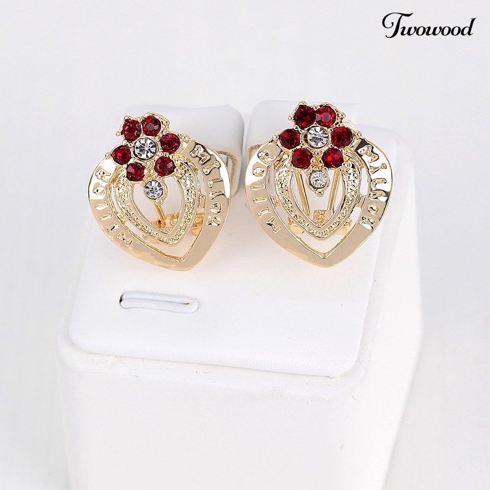 Twowood Berlian Imitasi Hati Bunga Kalung Stud Anting Cincin Gelang Wanita Set Perhiasan