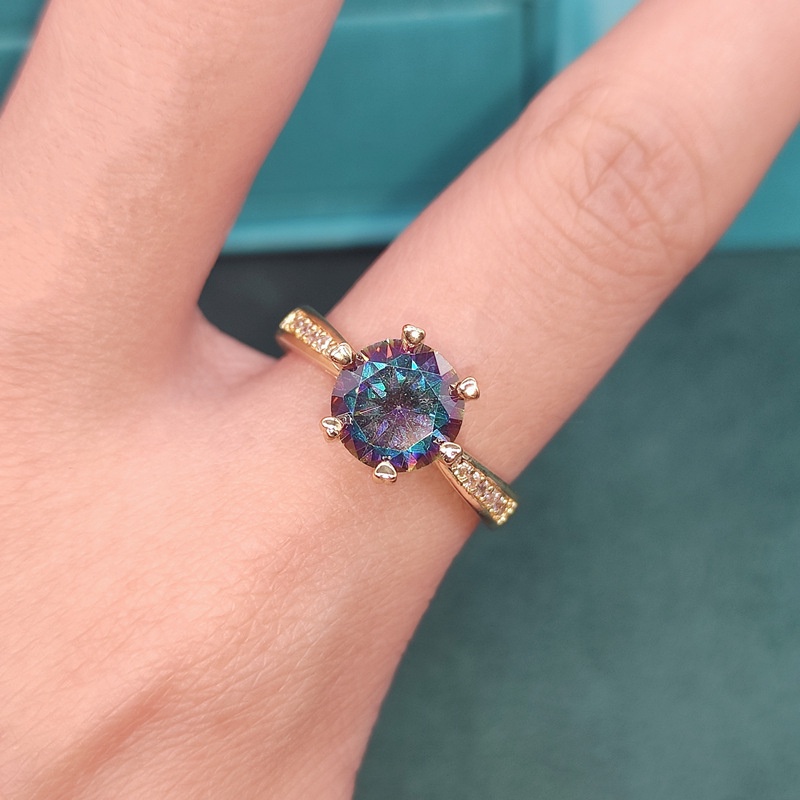 Goldkingdom Aksesoris Perhiasan Fashion Ready Stock Berlapis Emas Kuning Warna-Warni Laser Berlian Klasik Cabang Enam Terbuka Cincin Wanita