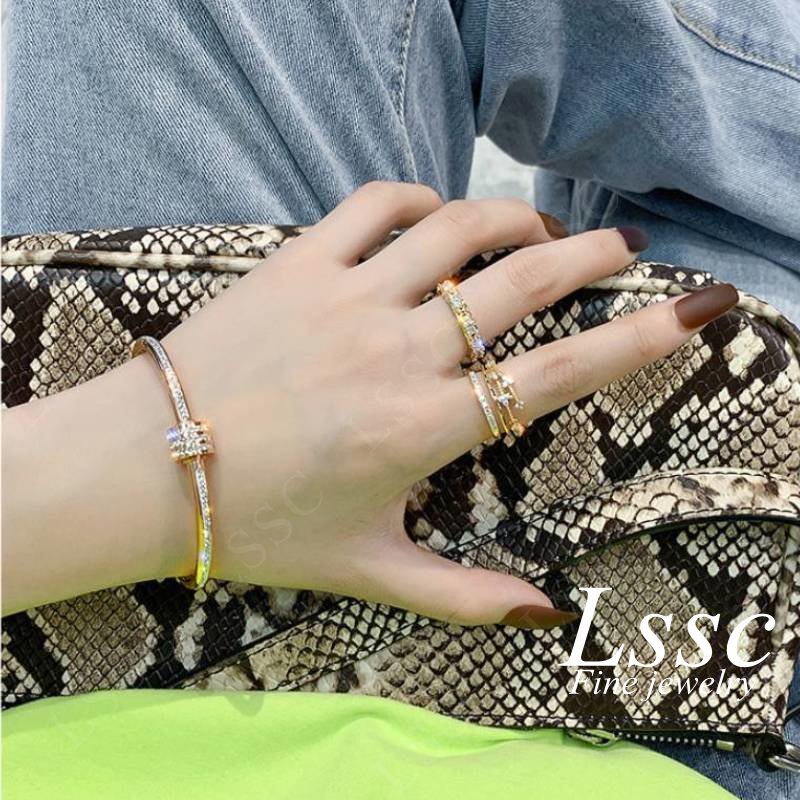 Gelang Titanium Wanita Anti Karat Permata Berlian Mewah Elegan Emas 18K Fashion Korea Dewasa Bangle Aksesoris Perhiasan