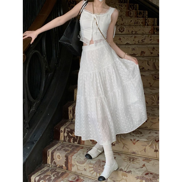 Red Murni kecil bunga putih industri berat renda sling peri besar rok bordir rok hutan musim panas setelan jas dua potong