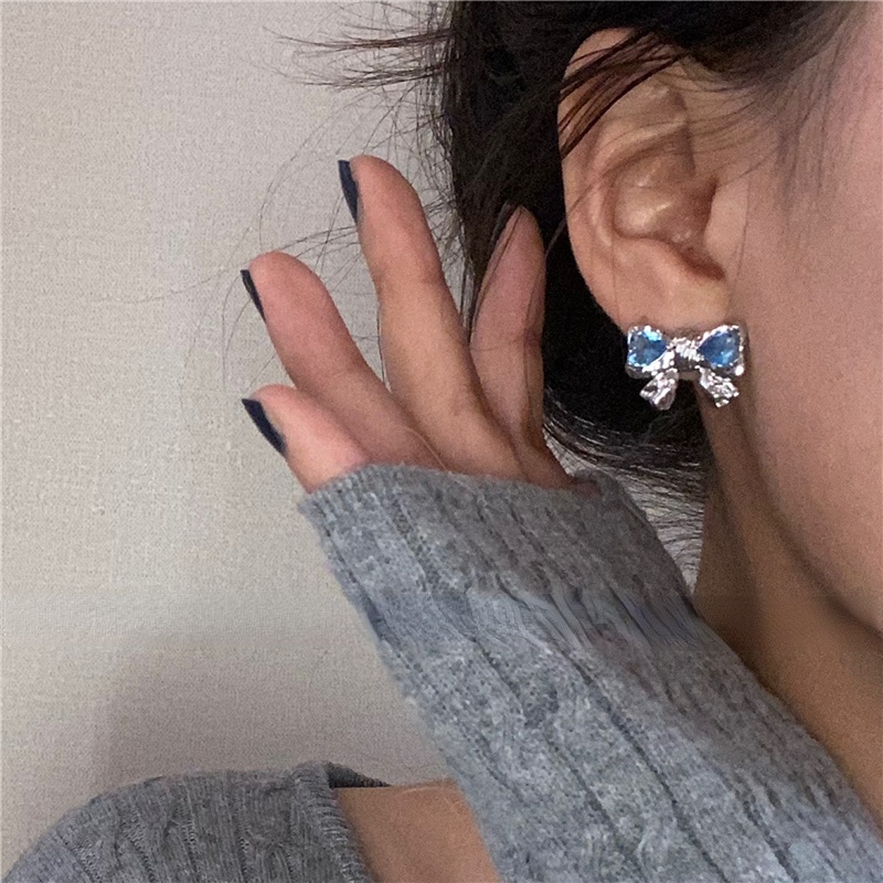 Dreamy Mercury Hati Biru Zirkon S925 Perak Disepuh Stud Earrings Ins Bow Knot Ear Studs