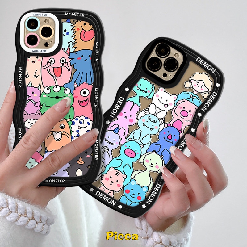 Case Monster Kecil Lucu Imut Kompatibel Untuk IPhone XR 11 13 12 14 Pro Max 7Plus 6s 6 7 8 Plus X XS Max14 Plus SE 2020 Kartun Hewan Lembut Bergelombang Tepi Belakang Ponsel Cover