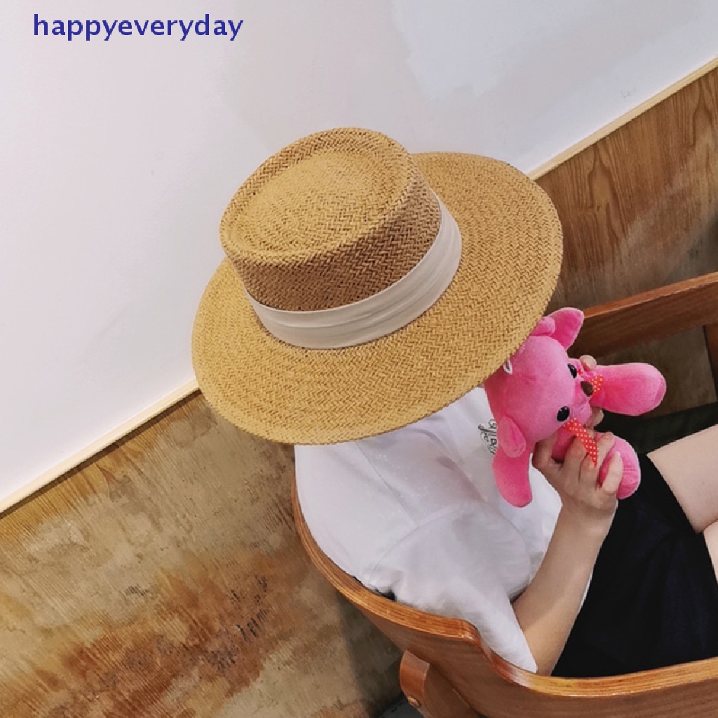 [happy] Natural Straw Hat Topi Pantai Pria Topi Cekung Datar Pelindung Visor Topi Perahu Matahari [ID]