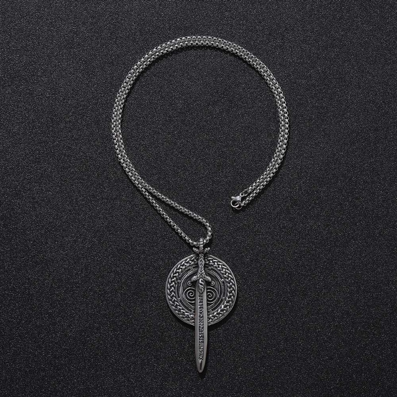 [X C Kalung] Perak Baru Vintage Viking Warrior Pedang Perisai Baja Titanium Liontin Punk Hip Hop Stainless Steel Kalung Hadiah Pesta Ulang Tahun Untuk Pria Dan Wanita