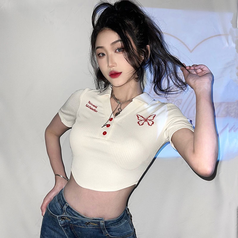 Red Baru murni keinginan angin kupu-kupu bordir T-shirt pendek wanita rasa desain mengungkapkan pinggang slim fit all-match lengan pendek hot girl top