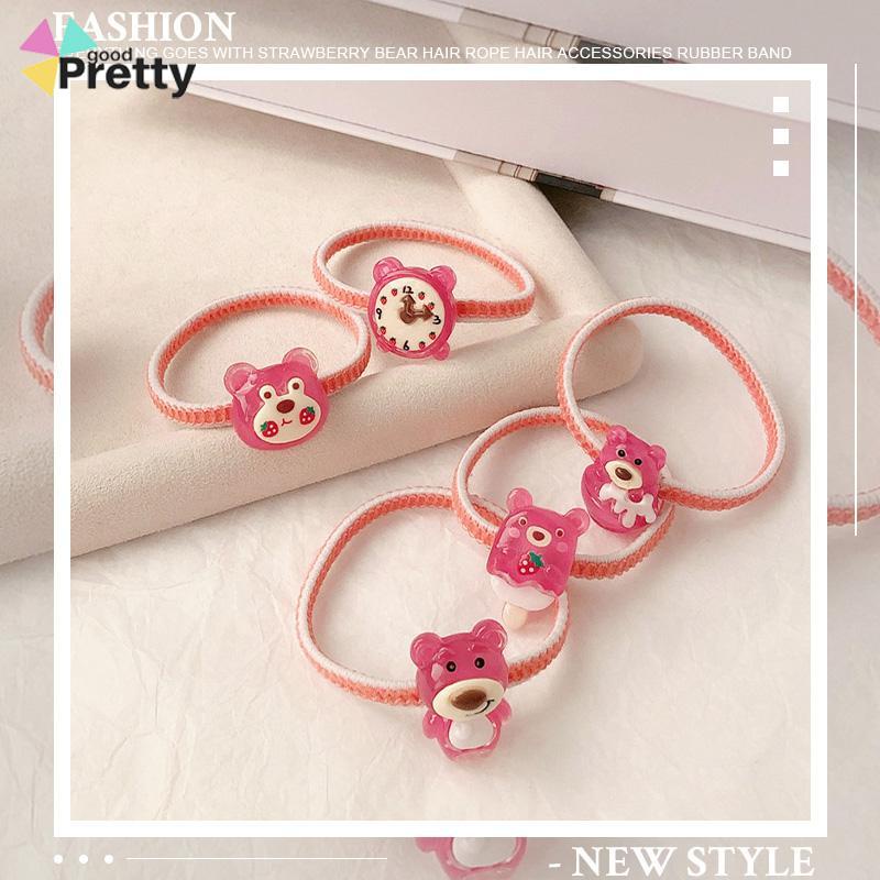 Tali Rambut Beruang Stroberi Elastis Tinggi yang Lucu Tali Rambut Karet Gelang Kuncir Kuda Serbaguna Cincin Rambut Tahan Lama - PD