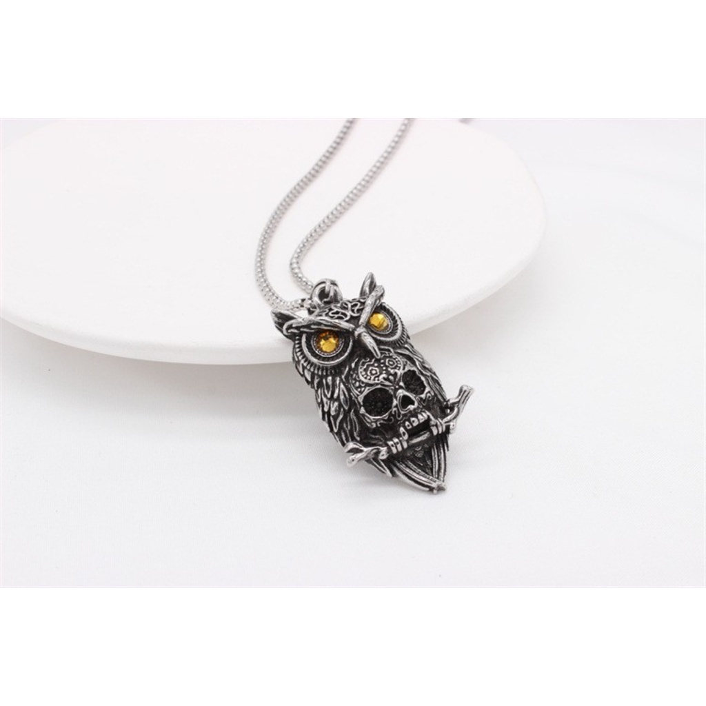 [Z H Perhiasan] Vintage Pria Fashion Stainless Steel Owl Tengkorak Liontin Kalung Hip Hop Pesta Baja Titanium Perhiasan Aksesoris