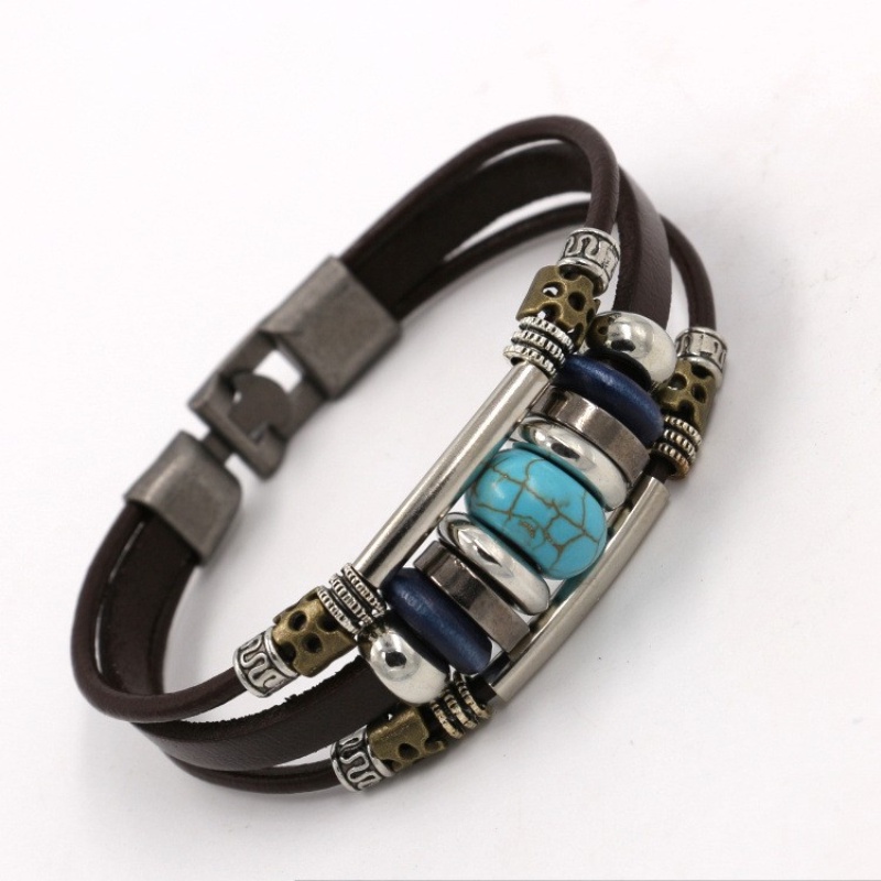 [Z H Jewelry] Vintage Turquoise Gemstone Gelang Kulit Fashion Pria Dan Wanita Anti Karat Multilayer Manik-Manik PU Gelang Bohemian Punk Rock Pesta Perhiasan Aksesoris