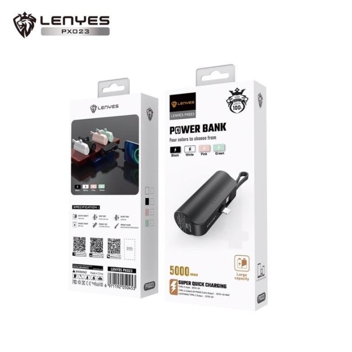 Powerbank LENYES PX023 5000mAh Konektor iPhone Kabel Type C Colorful Two Interface Quick Charge PB Pocket