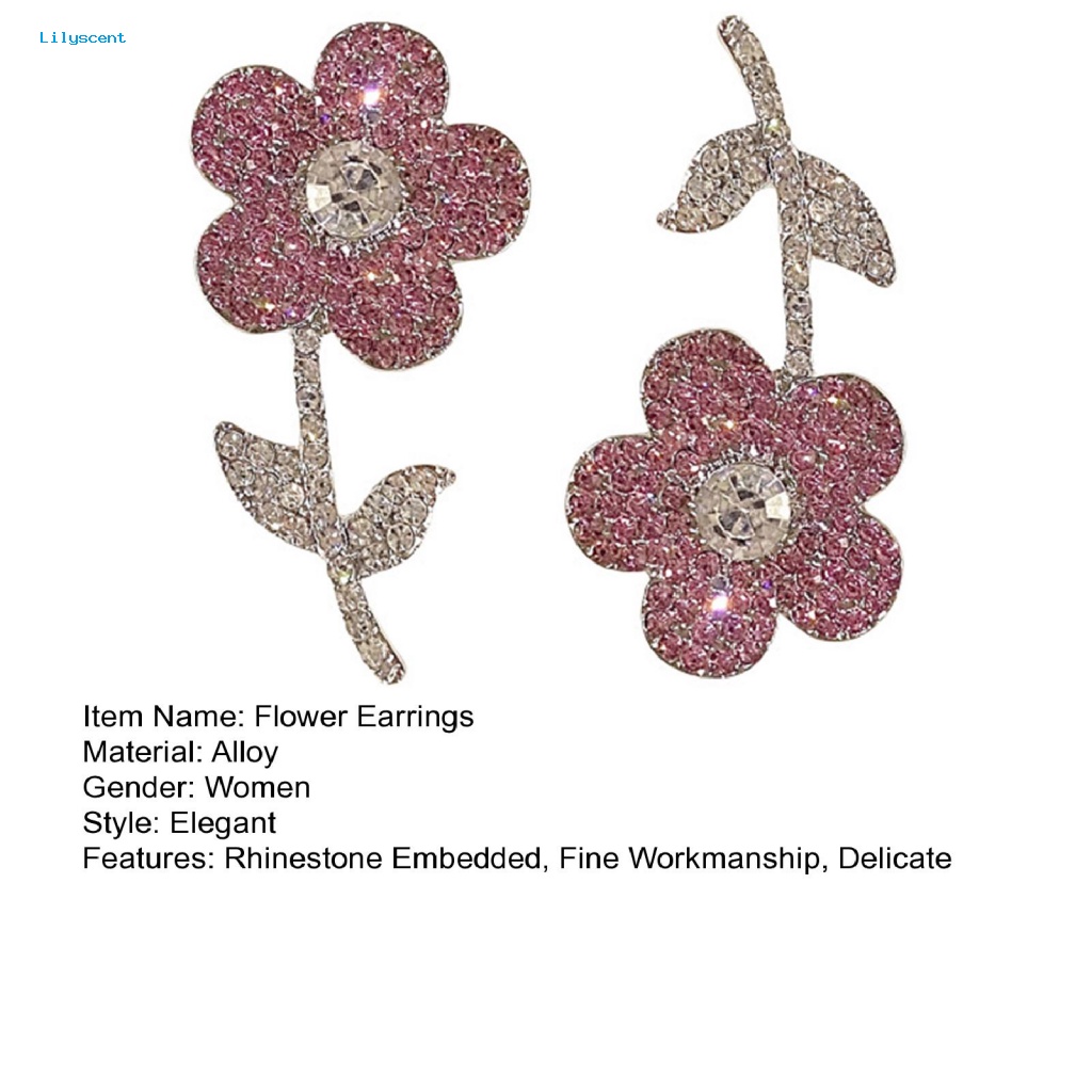 Lilyscent 1pasang Nonallergic Drop Earrings Fashion Perhiasan Bling Berlian Imitasi Bunga Pink Wanita Earrings Kepribadian