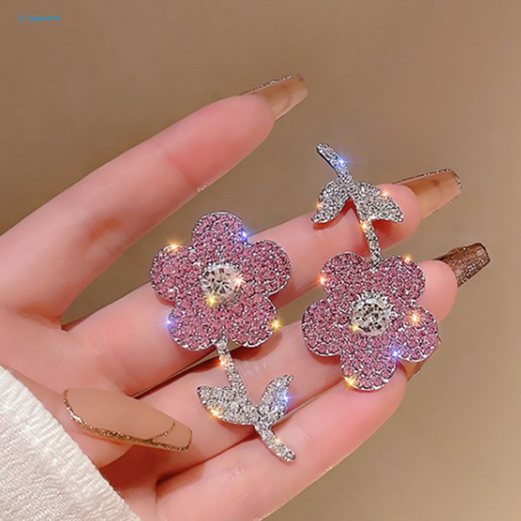 Lilyscent 1pasang Nonallergic Drop Earrings Fashion Perhiasan Bling Berlian Imitasi Bunga Pink Wanita Earrings Kepribadian