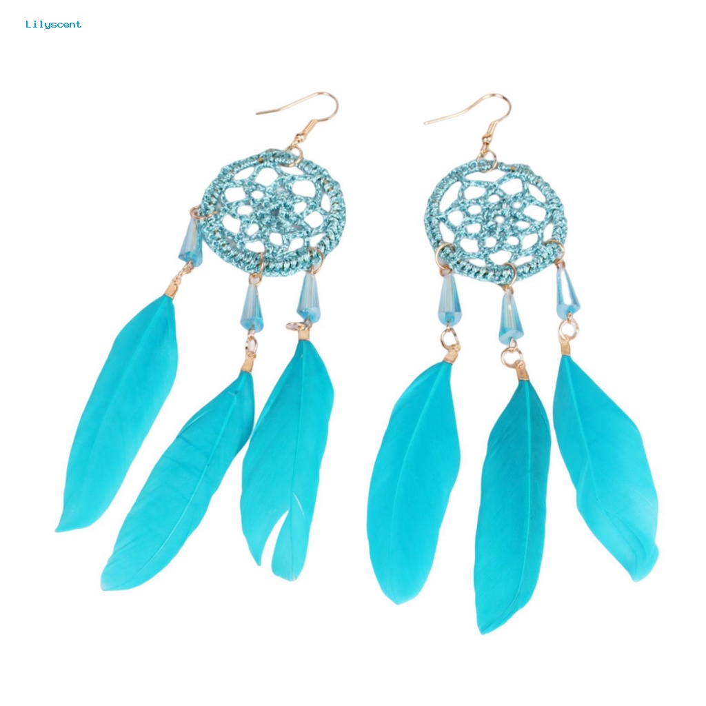 Lilyscent 1pasang Anting Kait Elegan Kostum Aksesoris Panjang Bulu Palsu Dreamcatcher Earrings Liontin