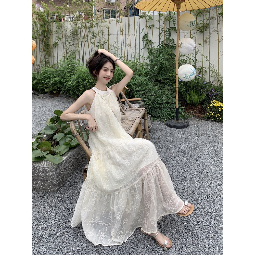 ¤✽#COD Suhao Perancis romantis high-end halter leher gaun perempuan musim panas putih pinggang chiffon rok panjang angin liburan pantai rok