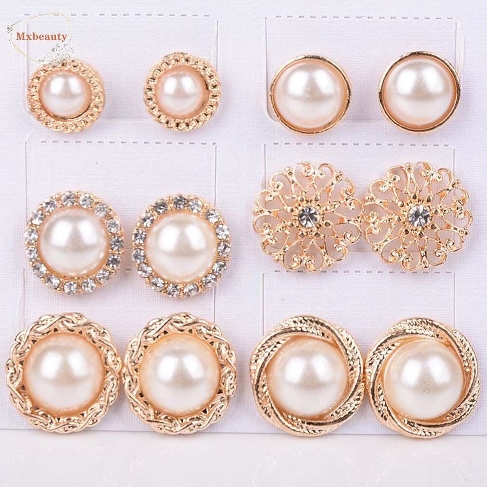 Mxbeauty 6 Pasang / Lot Anting Tusuk Retro Vintage Bentuk Bunga Warna Emas Hias Mutiara Imitasi Untuk Wanita