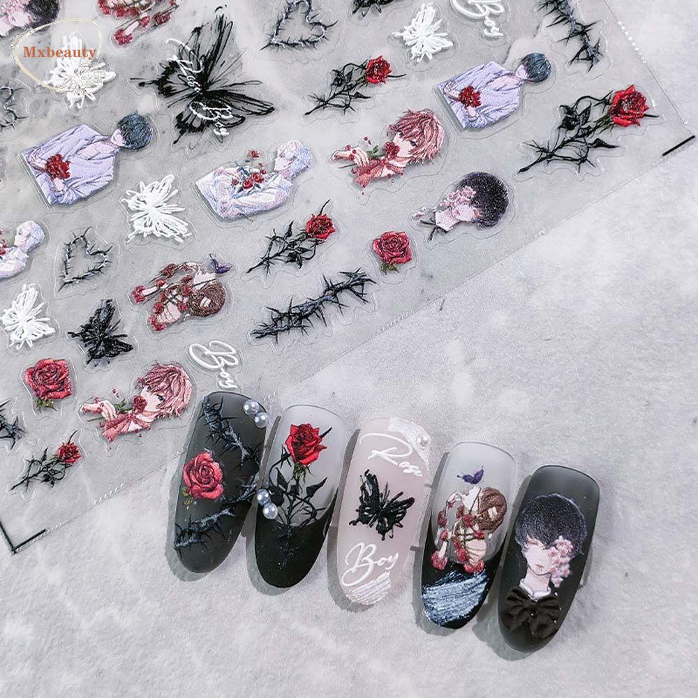 Mxbeauty Stiker Kuku Kupu-Kupu Ins Style Hitam Putih Rose Stiker Kuku Bintang Bronzing Butterfly Huruf Inggris Nail Art Dekorasi