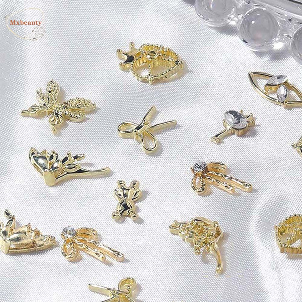 Mxbeauty Busur Dekorasi Kuku Pesona Kuku Wanita Paduan Emas Mahkota Kupu-Kupu Manikur Aksesoris 3D Nail Art Drills
