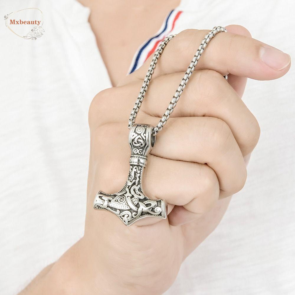 Mxbeauty Thor's Hammer Kalung Kreatif Minoritas Rantai Stainless Steel Norse Viking Halloween Kalung Pria Rantai Leher