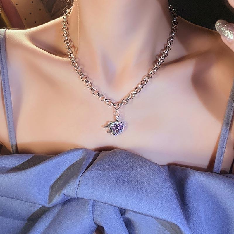 Yeezii Elegan Ungu Zirkon Jantung Liontin Kalung Kristal Perak Rantai Choker Untuk Wanita Perhiasan Aksesoris