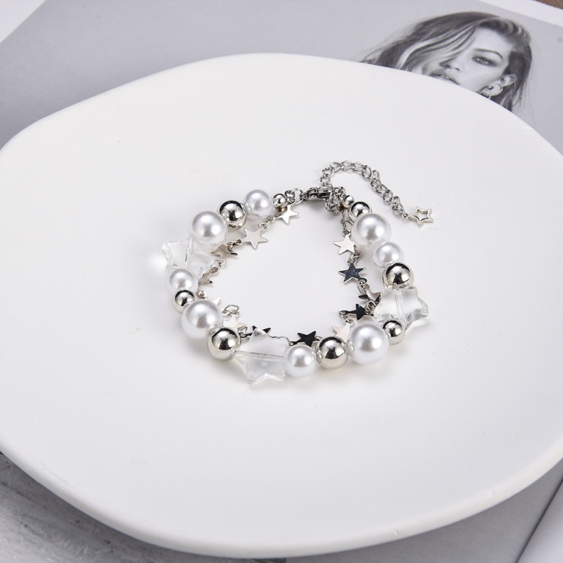Baru Vintage Kristal Pentagram Bintang Mutiara Imitasi Manik-Manik Liontin Gelang Wanita Harajuku Manis Estetik Double Strand Pesona Gelang Perhiasan