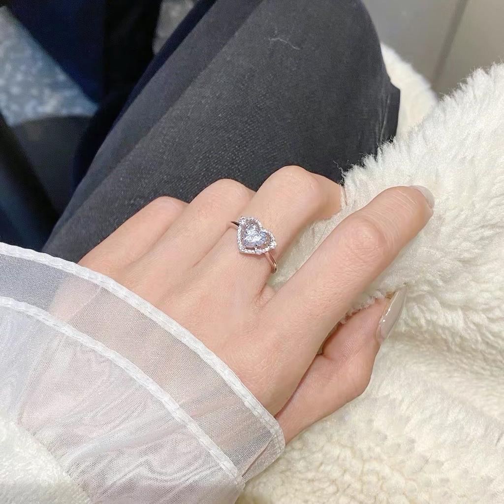 Yeezii Cincin Perak Kristal Adjustable Pink Zircon Heart Rings Untuk Perhiasan Aksesoris Wanita