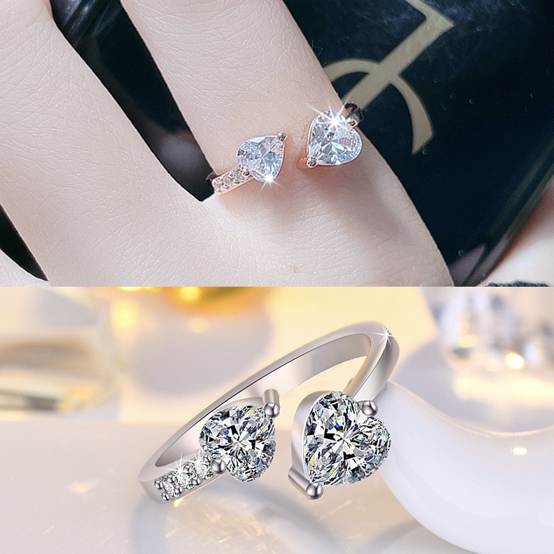 Fashion Elegan INS Adjustable Terbuka Dua Kepala Jantung Cincin Trendi Wanita Perak Geometris Kubik Zirkon Jantung Jari Rings Untuk Pernikahan Valentine Perhiasan