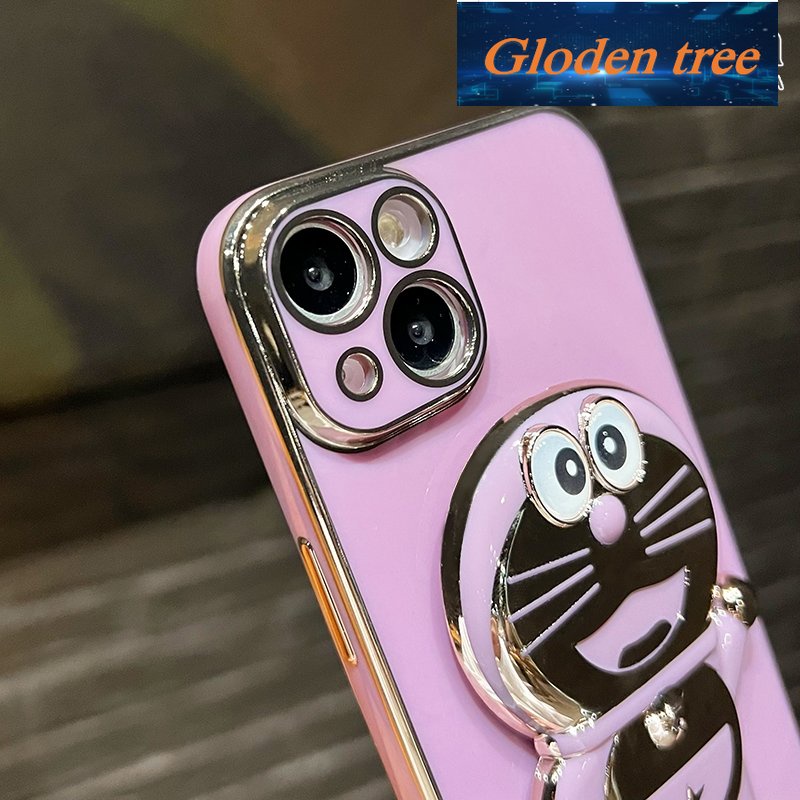 Gloden tree Casing Untuk Huawei Y6P Case Fashion Kartun Doraemon Lipat Stand Phone Case Electroplating Shockproof Phone Holder Case