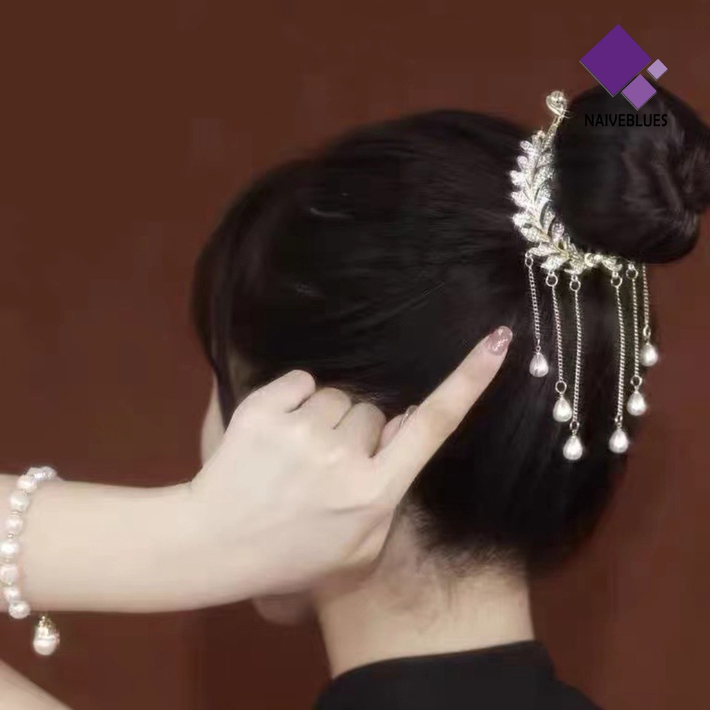 &lt; Naiveblues &gt; Bun Hair Claw Rhinestone Rumbai Bentuk Mutiara Imitasi Dengan Hiasan Gigi Bahan Alloy Mewah Anti-slip