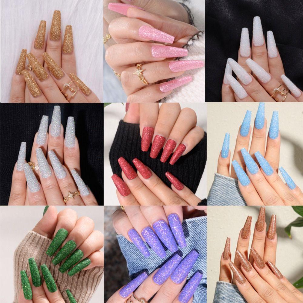AUGUSTINA Agustinina Panjang Patch Kuku DIY Fashion Dilepas Ultra-Tipis Hancur Bubuk Berlian Tekan Pada Tips Kuku Penuh Penutup Nail Art Tips
