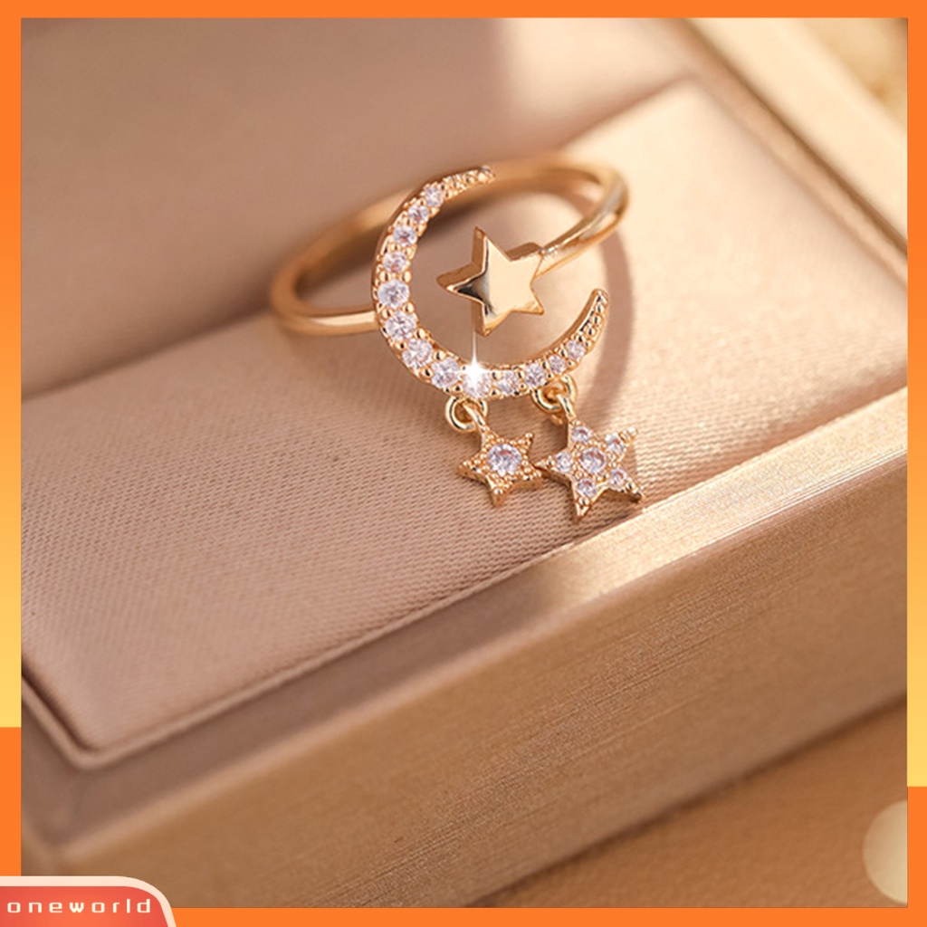 [EONE] Wanita Cincin Berlian Imitasi Mengkilap Stainless Pembukaan Bulan Dan Bintang Knuckle Ring Perhiasan Pengantin Wanita
