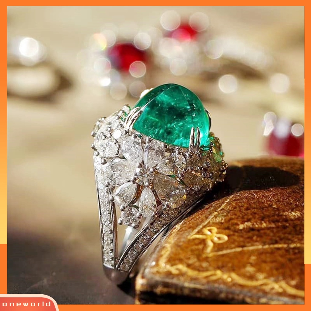 [EONE] Cincin Wanita Retro Hias Berlian Imitasi Persegi Hijau Jari Ring Untuk Anniversary