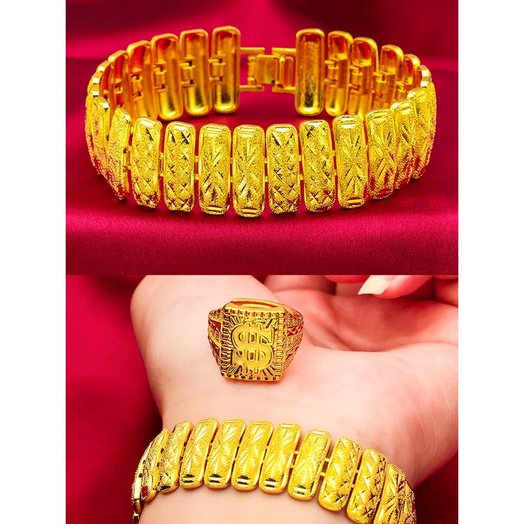 Goldkingdom Perhiasan Fashion 24K Bangkok Aksesoris Ready Stock Pria Mendominasi Gelang Bertepi Lebar Berlapis Emas Gelang Memanjang